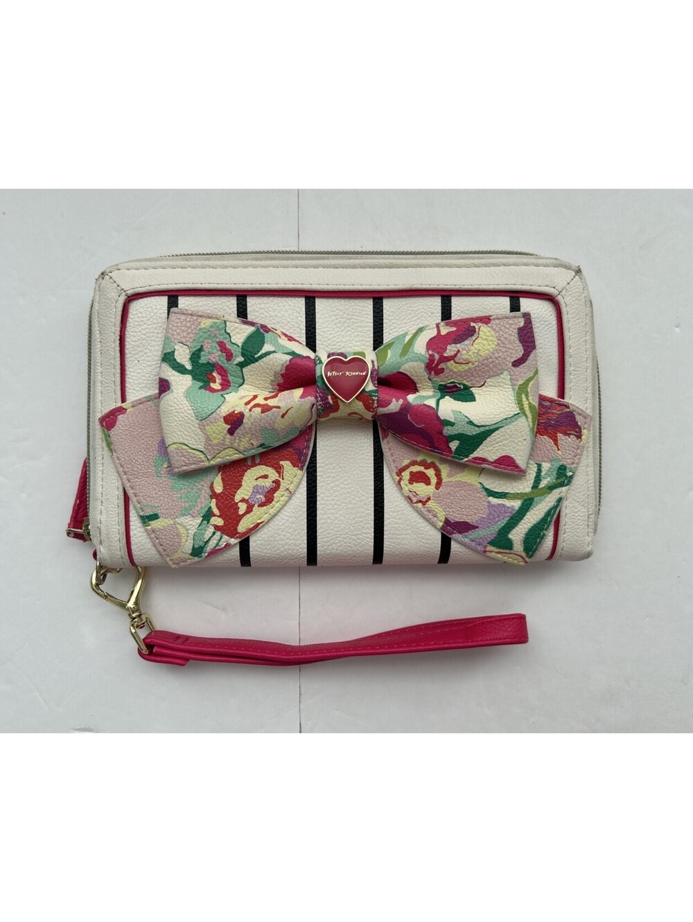 Betsey Johnson Clutch Wallet Wristlet Big Floral Bow Gold Metallic Card Zip Up